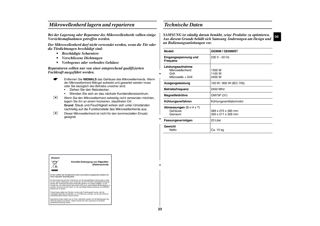 Samsung GE89M/XEG manual Mikrowellenherd lagern und reparieren, Technische Daten, GE89M / GE89MST 