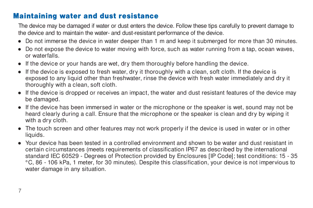 Samsung GEN, SMA380, 40914, BN66 user manual Maintaining water and dust resistance 