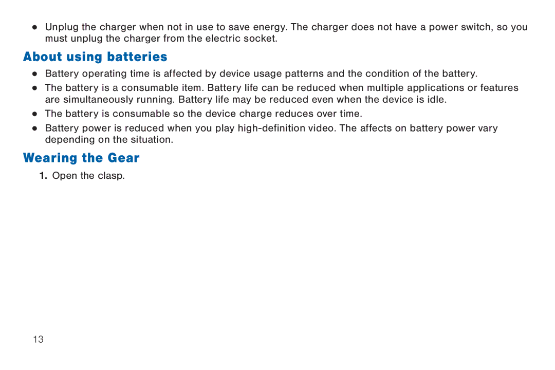 Samsung 40914, GEN, SMA380, BN66 user manual About using batteries, Wearing the Gear 