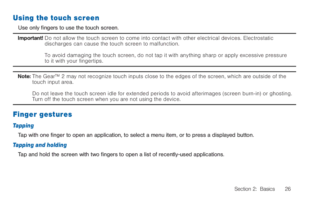 Samsung BN66, GEN, SMA380, 40914 user manual Using the touch screen, Finger gestures, Tapping and holding 