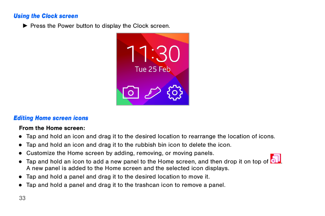 Samsung 40914, GEN, SMA380, BN66 user manual Using the Clock screen, Editing Home screen icons 