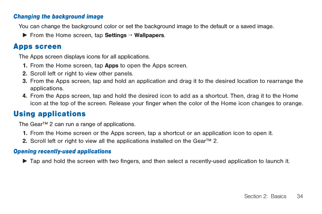 Samsung BN66, GEN, 40914 Apps screen, Using applications, Changing the background image, Opening recently-used applications 