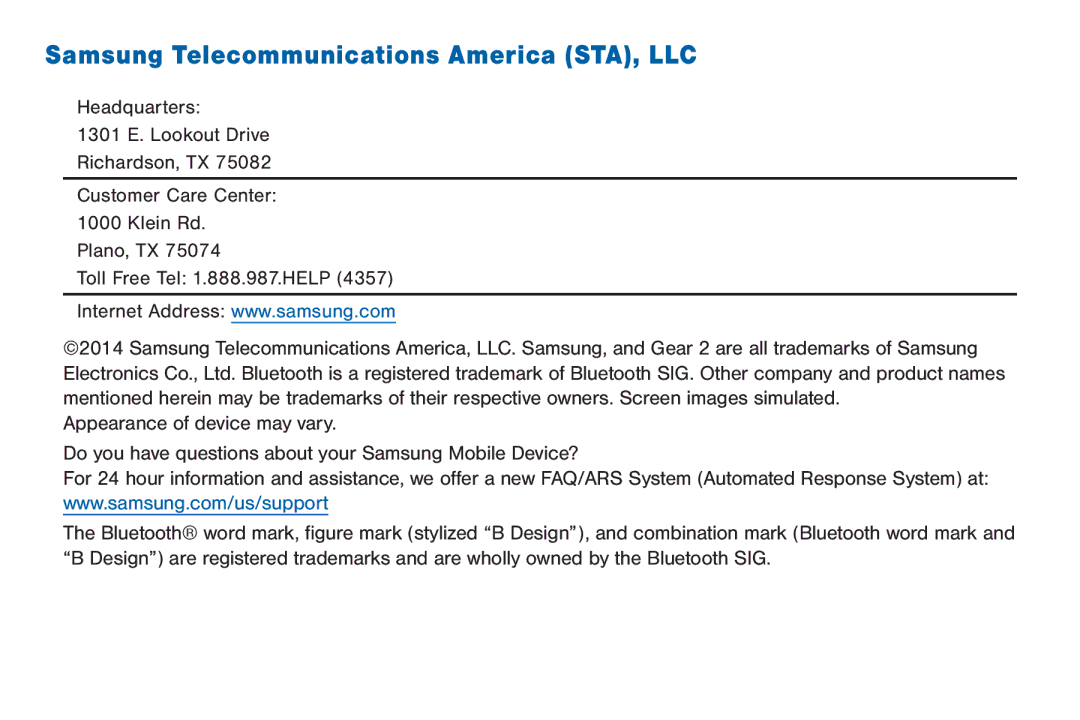 Samsung GEN, SMA380, 40914, BN66 user manual Samsung Telecommunications America STA, LLC 