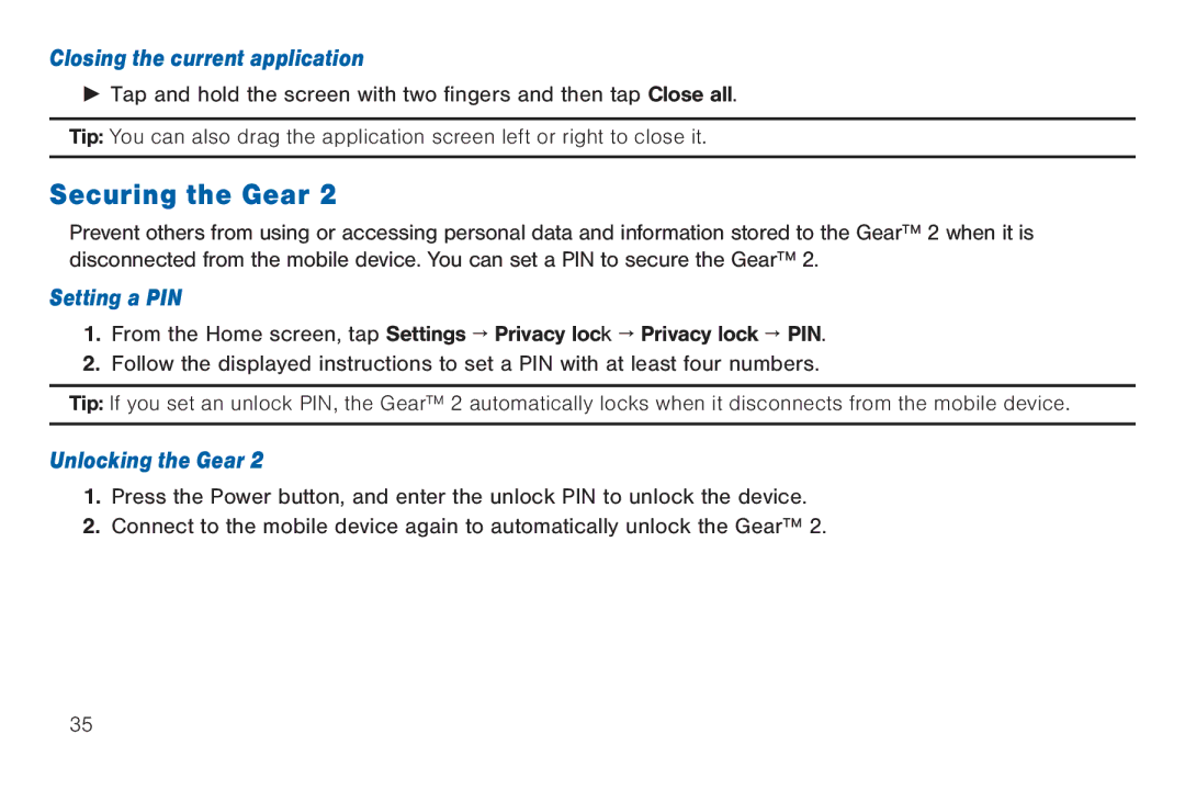 Samsung GEN, SMA380, 40914, BN66 Securing the Gear, Closing the current application, Setting a PIN, Unlocking the Gear 