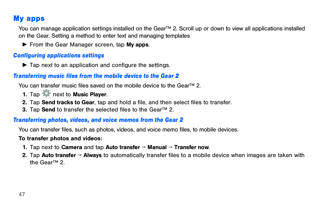 Samsung GEN, 40914 My apps, Configuring applications settings, Transferring music files from the mobile device to the Gear 