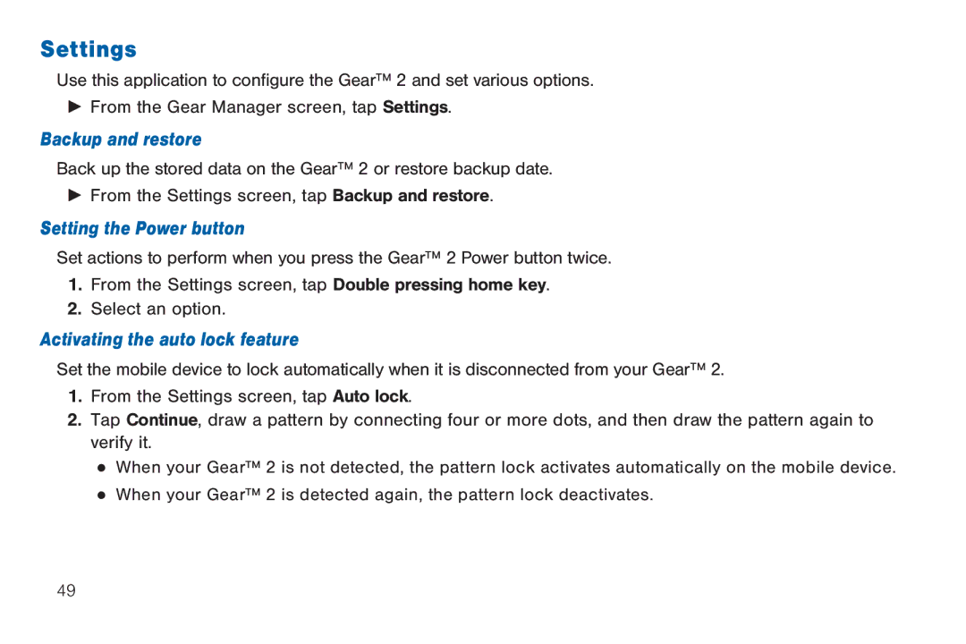 Samsung 40914, GEN, SMA380, BN66 Settings, Backup and restore, Setting the Power button, Activating the auto lock feature 