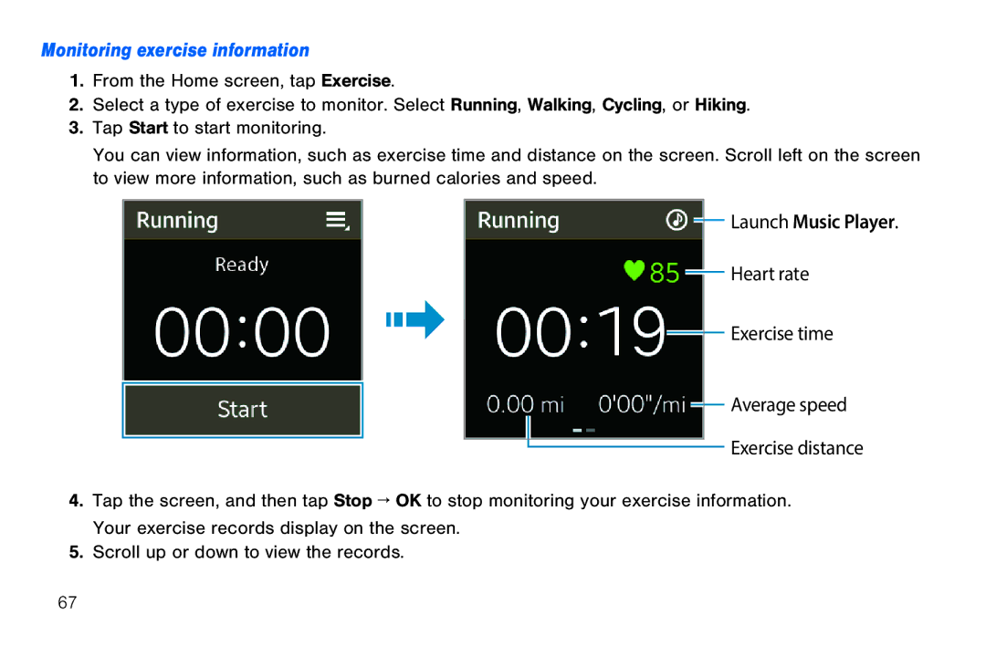 Samsung GEN, SMA380, 40914, BN66 user manual Monitoring exercise information, Launch Music Player 