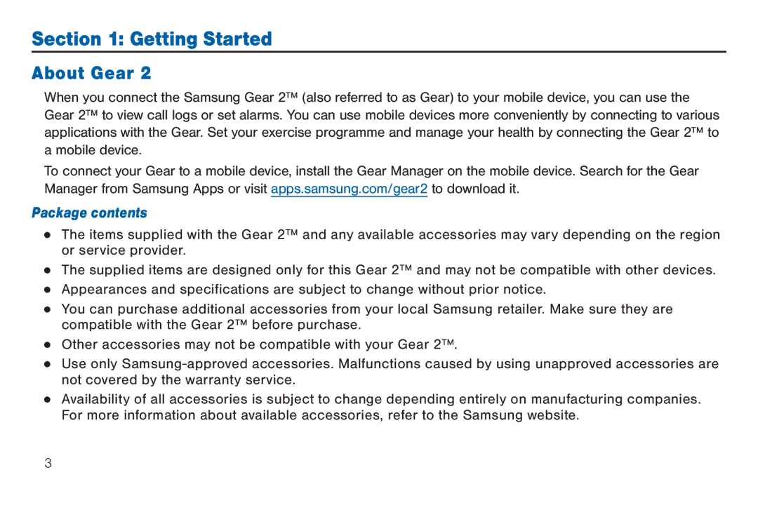 Samsung GEN, SMA380, 40914, BN66 user manual About Gear, Package contents 