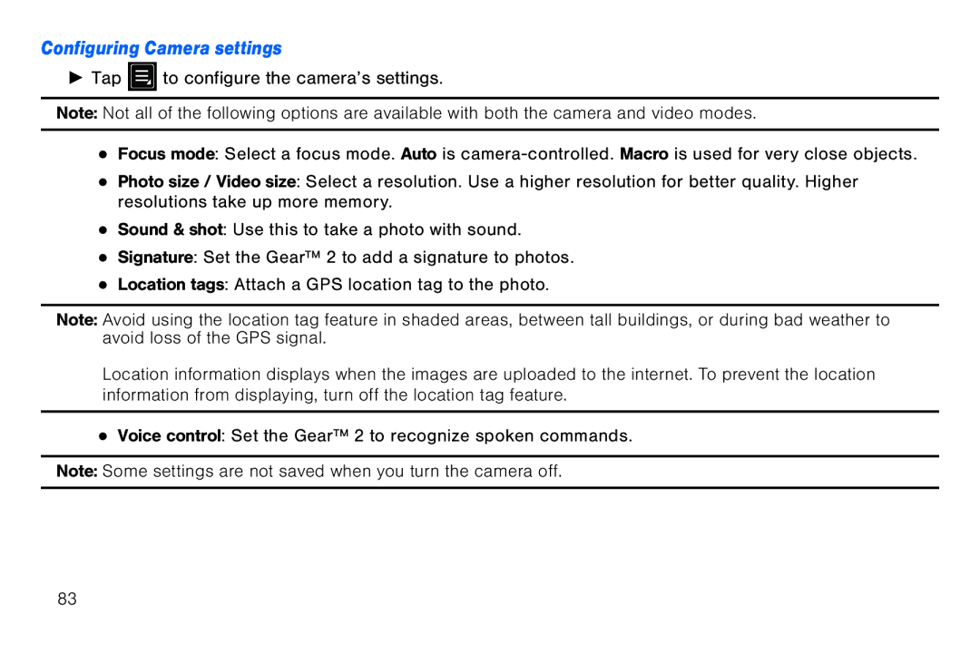 Samsung GEN, SMA380, 40914, BN66 user manual Configuring Camera settings 