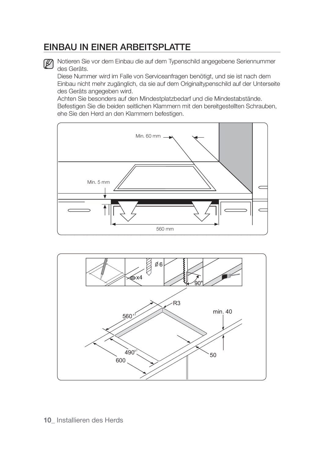 Samsung GF3C4T206/XEG manual Einbau in einer Arbeitsplatte 