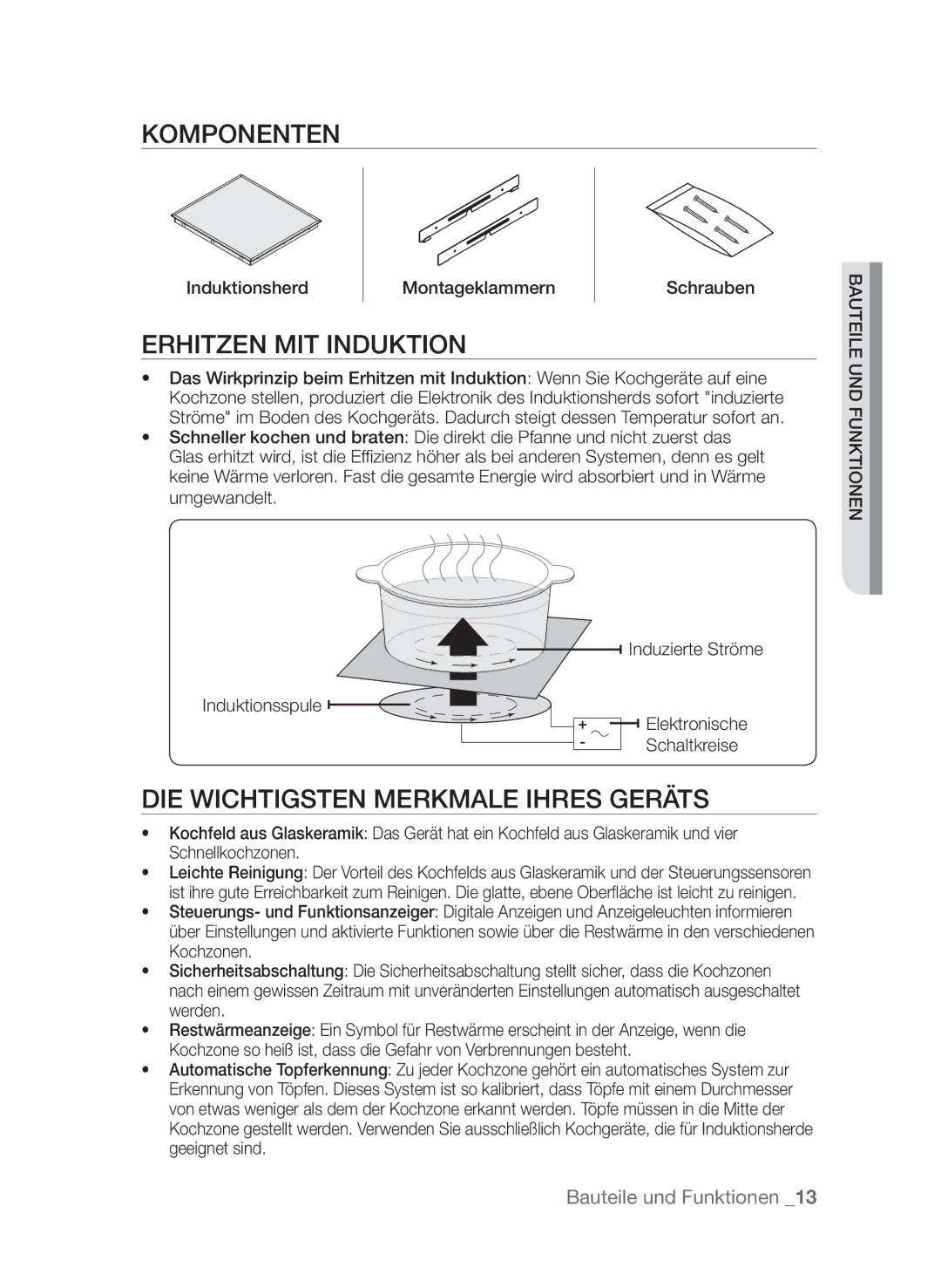 Samsung GF3C4T206/XEG manual Komponenten, Erhitzen mit Induktion, Die wichtigsten Merkmale Ihres Geräts 