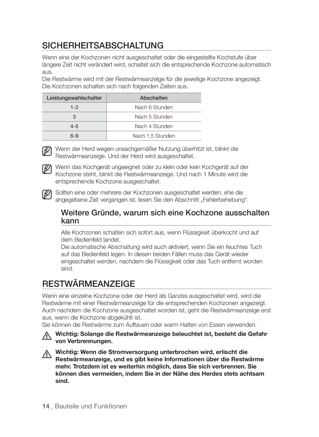 Samsung GF3C4T206/XEG Sicherheitsabschaltung, Restwärmeanzeige, Weitere Gründe, warum sich eine Kochzone ausschalten kann 