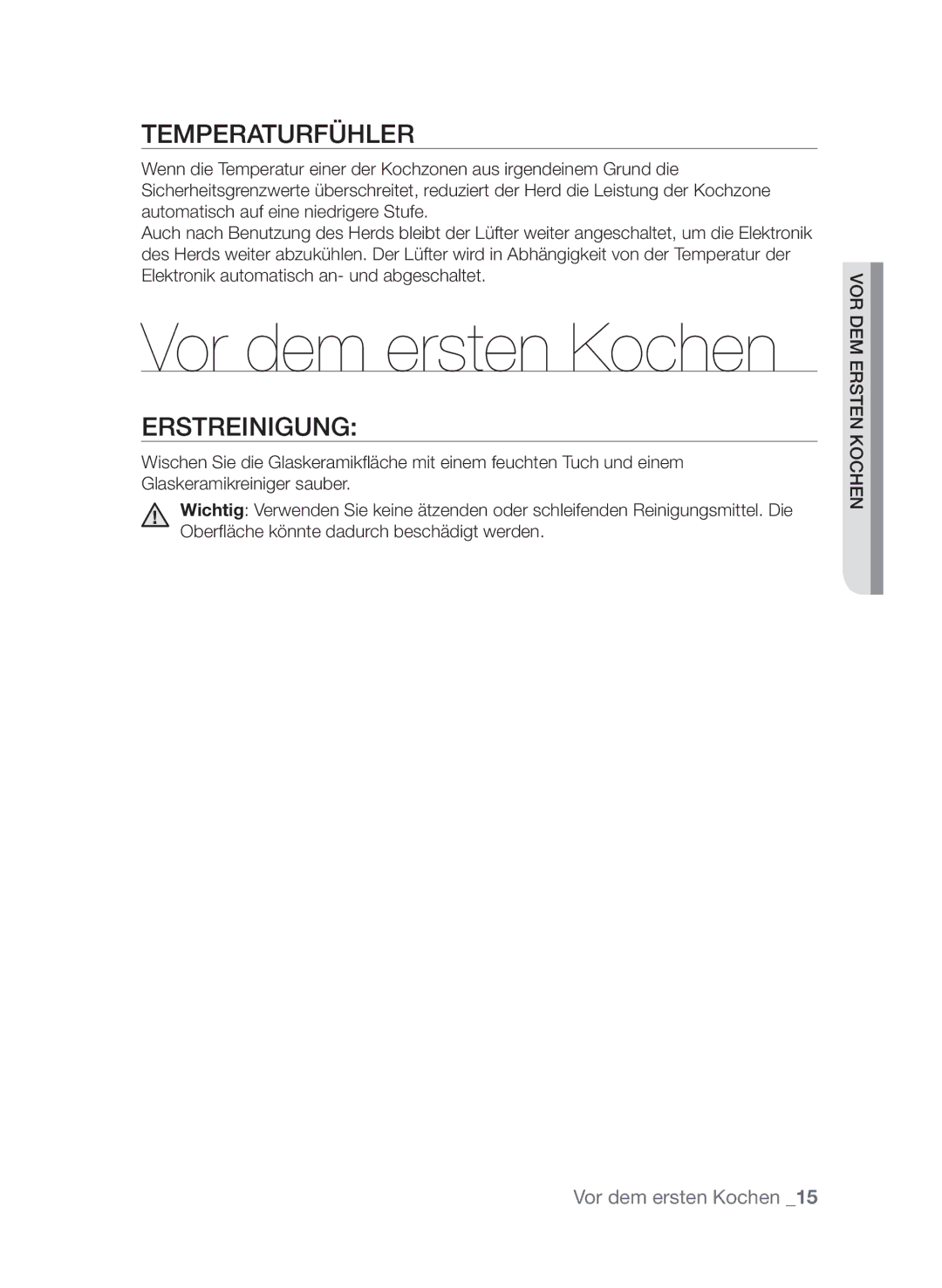 Samsung GF3C4T206/XEG manual Vor dem ersten Kochen, Temperaturfühler, Erstreinigung 