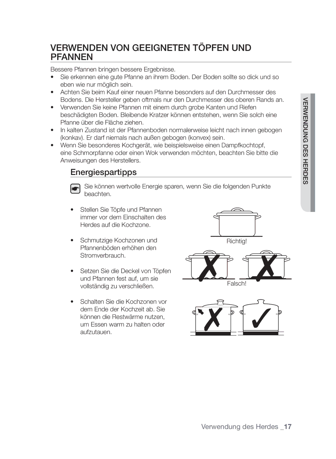 Samsung GF3C4T206/XEG manual Verwenden von geeigneten Töpfen und Pfannen, Energiespartipps, Vollständig zu verschließen 