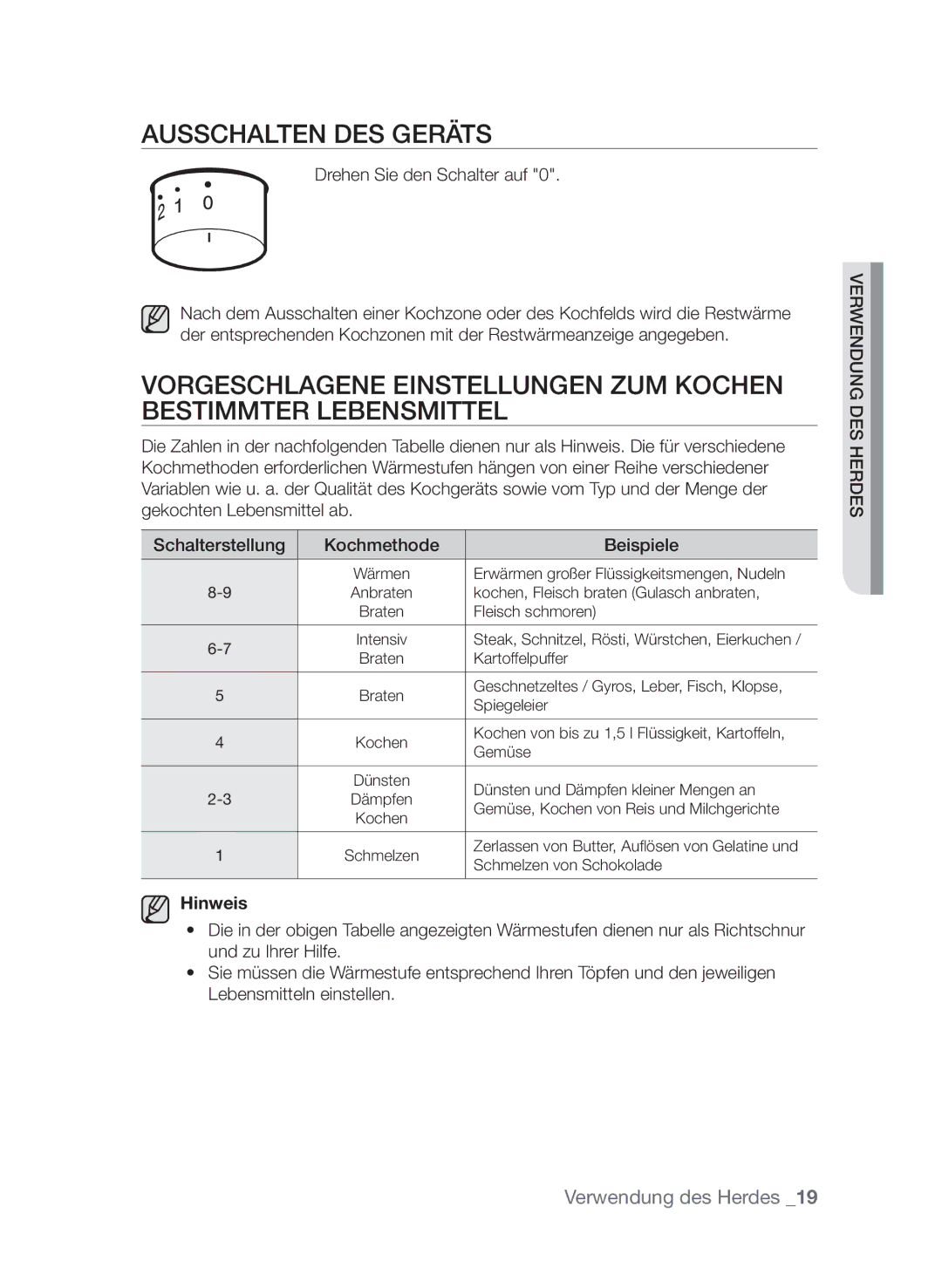 Samsung GF3C4T206/XEG manual Ausschalten des Geräts, Drehen Sie den Schalter auf 