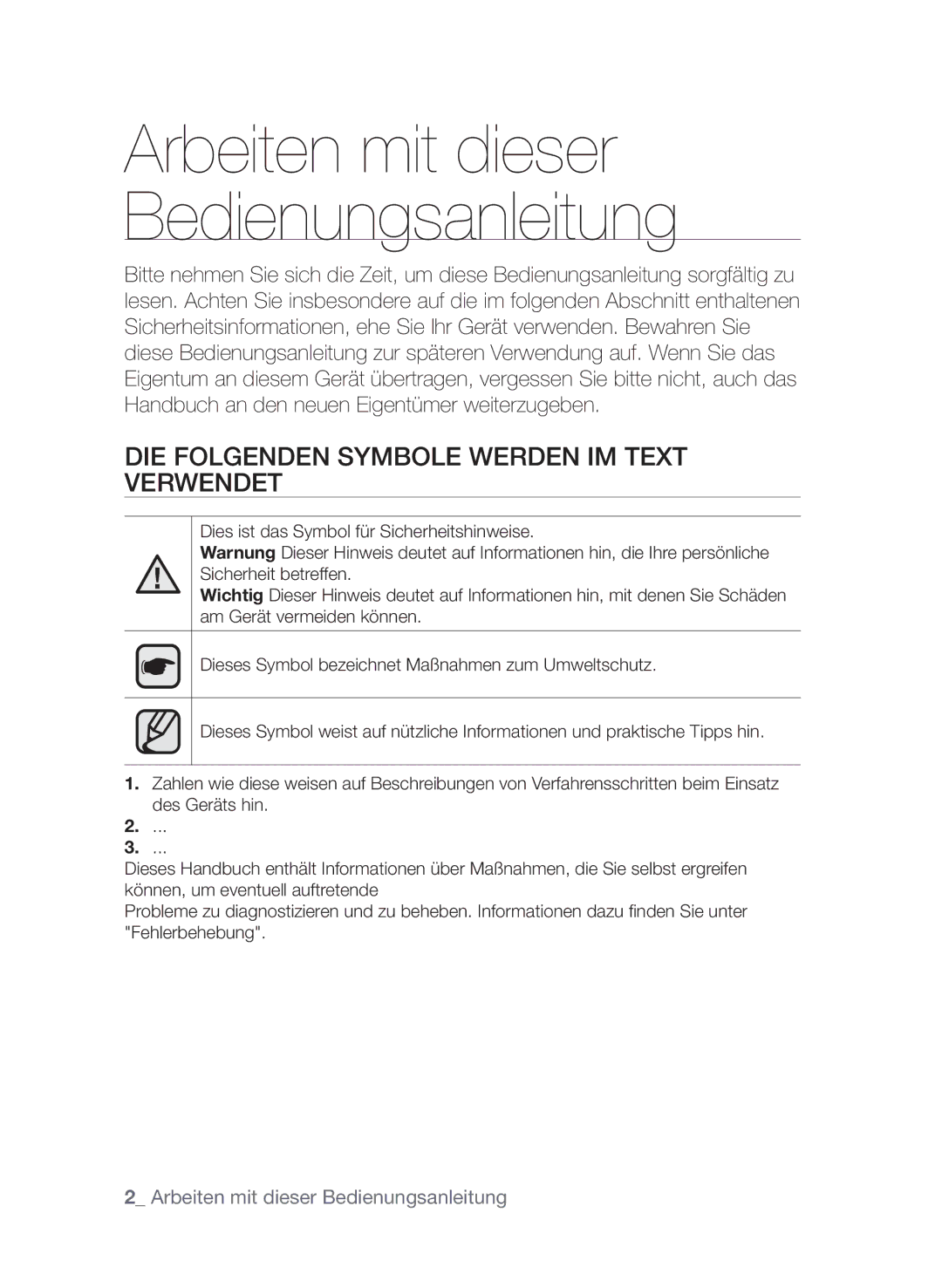 Samsung GF3C4T206/XEG manual Arbeiten mit dieser Bedienungsanleitung, Die folgenden Symbole werden im Text verwendet 