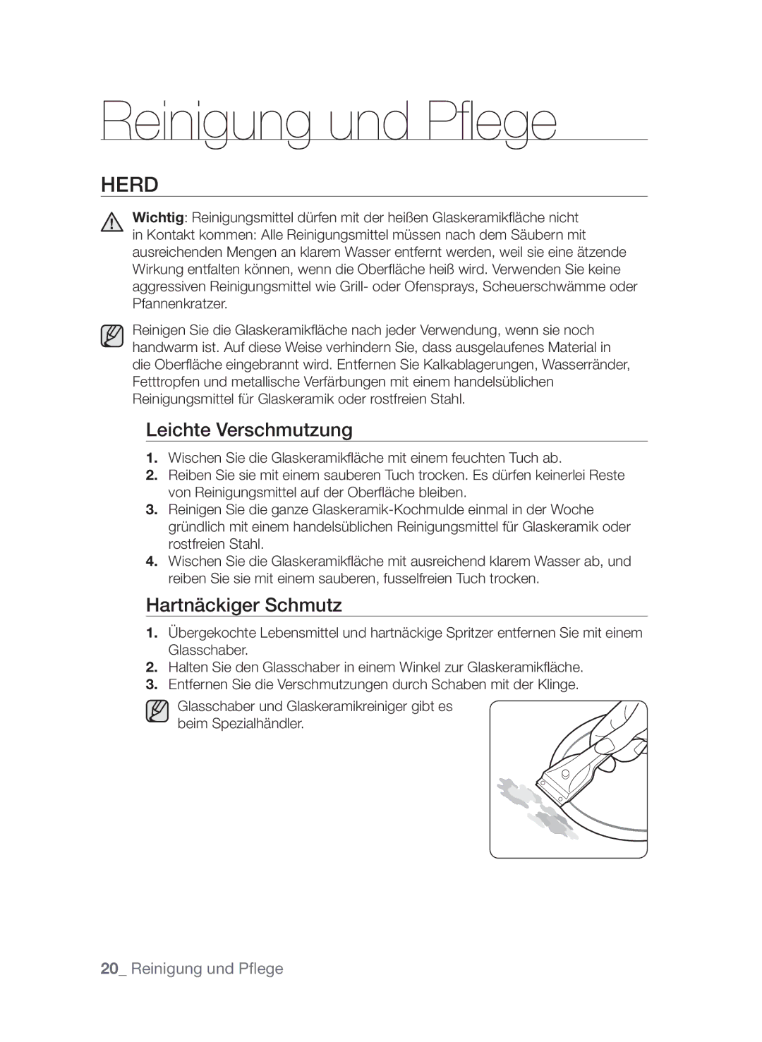 Samsung GF3C4T206/XEG manual Reinigung und Pflege, Herd, Leichte Verschmutzung, Hartnäckiger Schmutz 