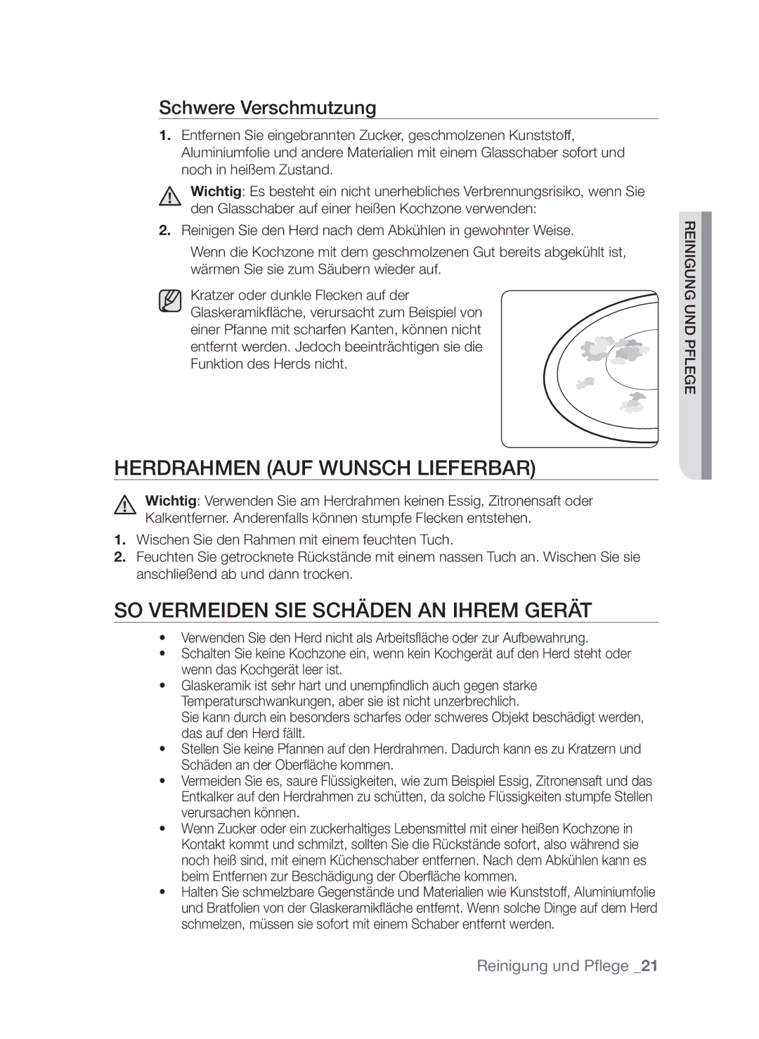 Samsung GF3C4T206/XEG Herdrahmen auf Wunsch lieferbar, So vermeiden Sie Schäden an Ihrem Gerät, Schwere Verschmutzung 