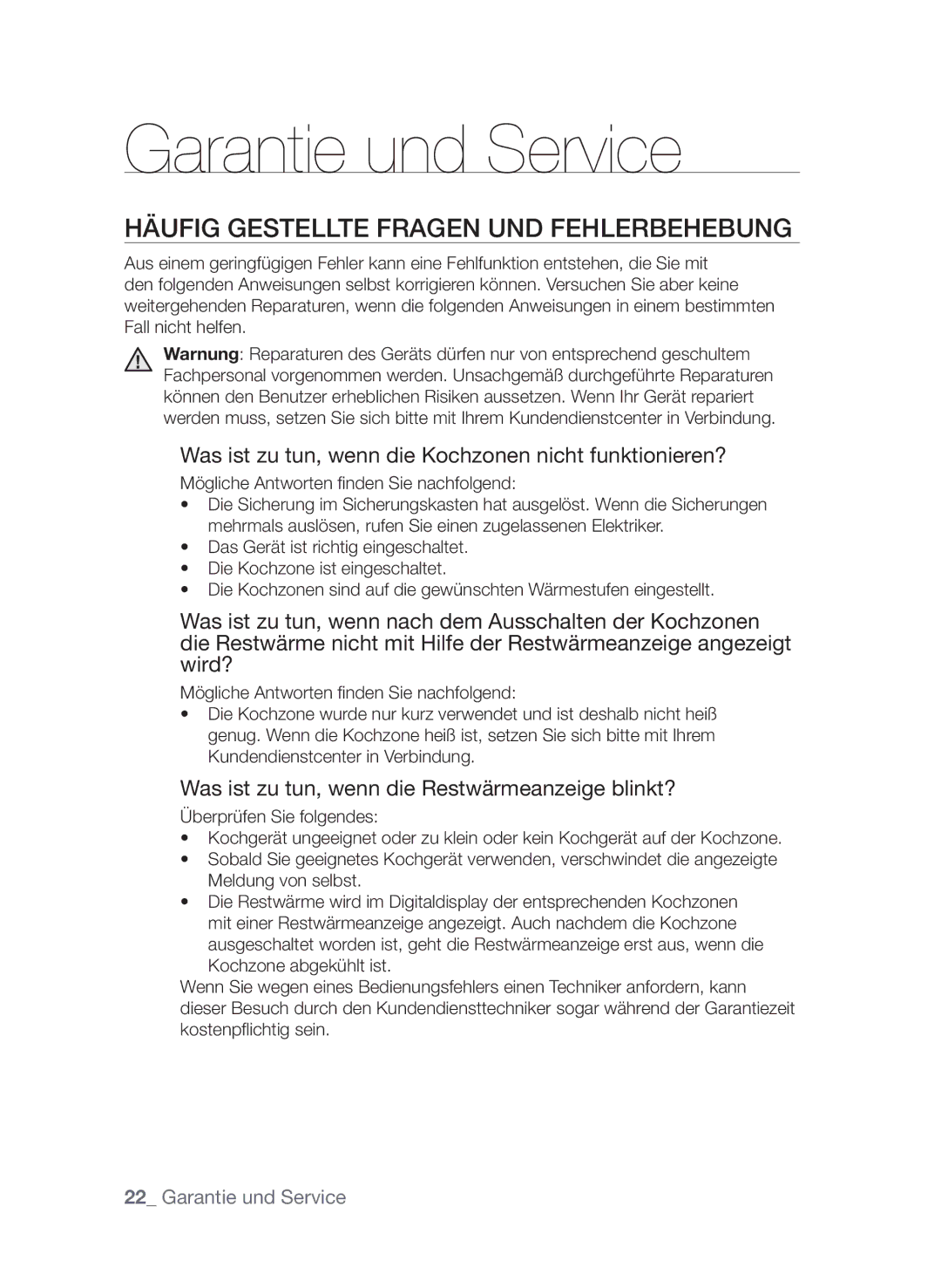 Samsung GF3C4T206/XEG manual Garantie und Service, Häufig gestellte Fragen und Fehlerbehebung 