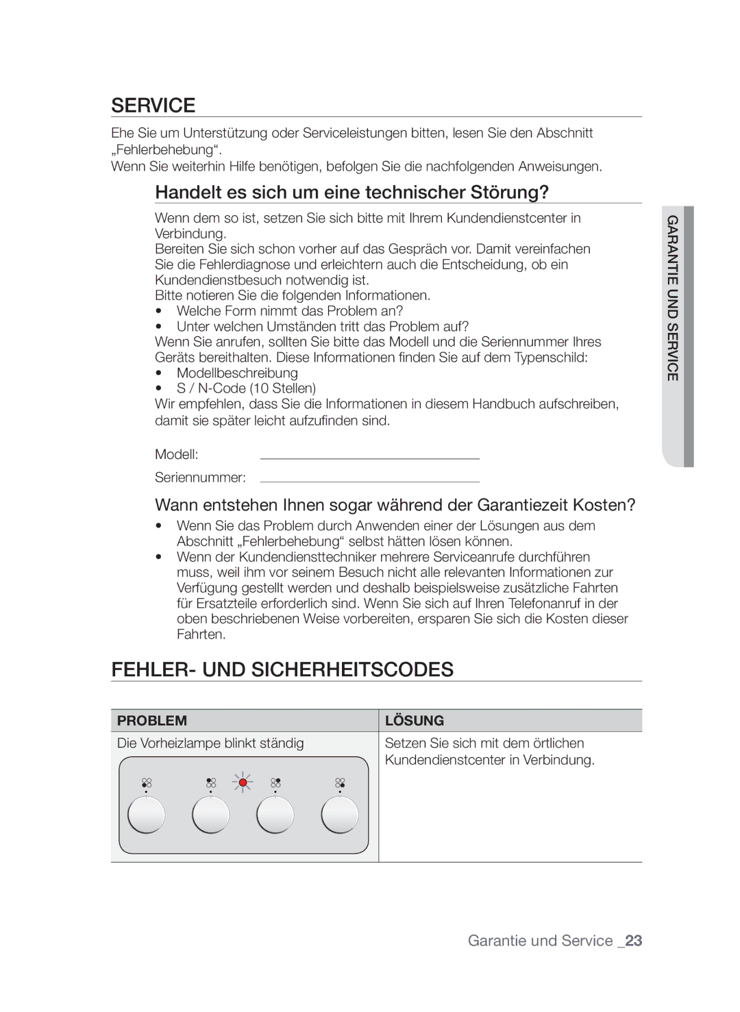 Samsung GF3C4T206/XEG manual Service, Fehler- und Sicherheitscodes, Handelt es sich um eine technischer Störung? 