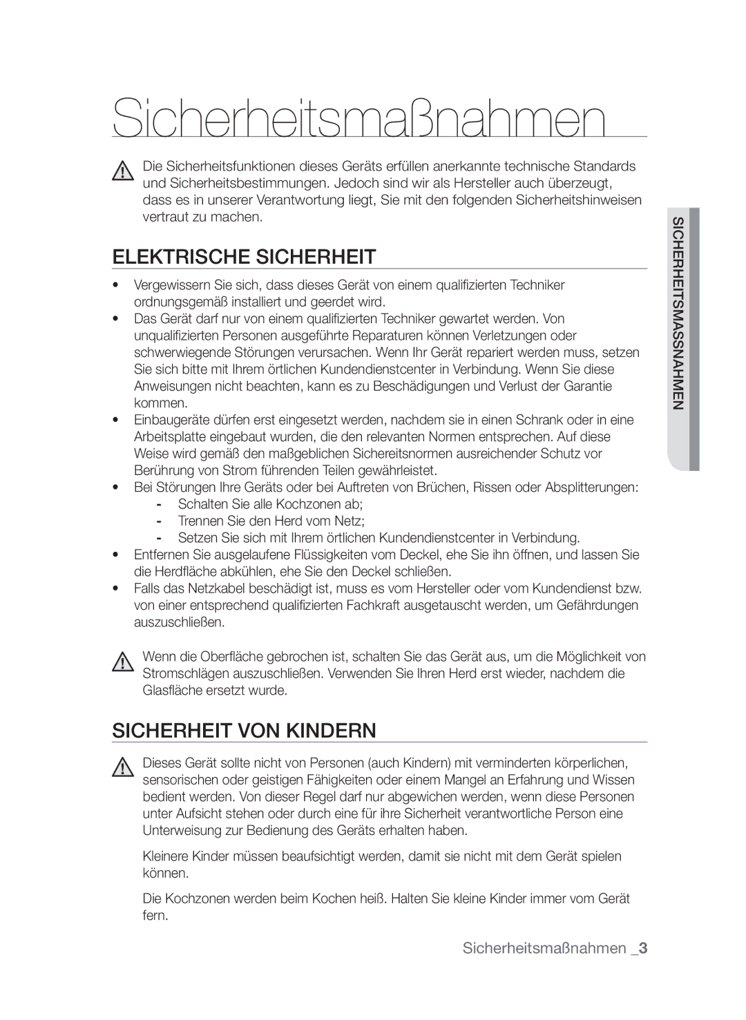 Samsung GF3C4T206/XEG manual Sicherheitsmaßnahmen, Elektrische Sicherheit, Sicherheit von Kindern 