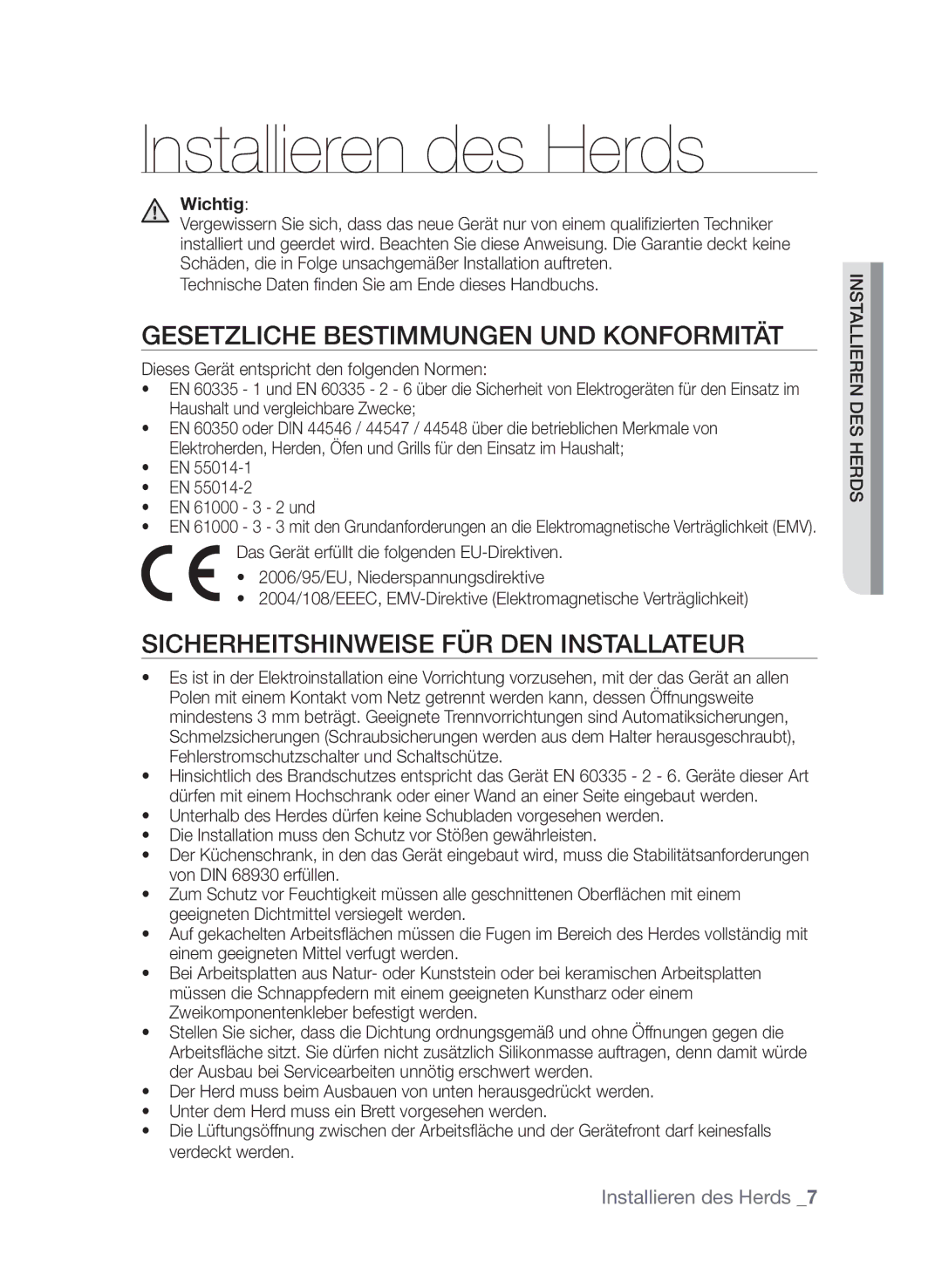 Samsung GF3C4T206/XEG manual Installieren des Herds, Gesetzliche Bestimmungen und Konformität, EN 61000 3 2 und 