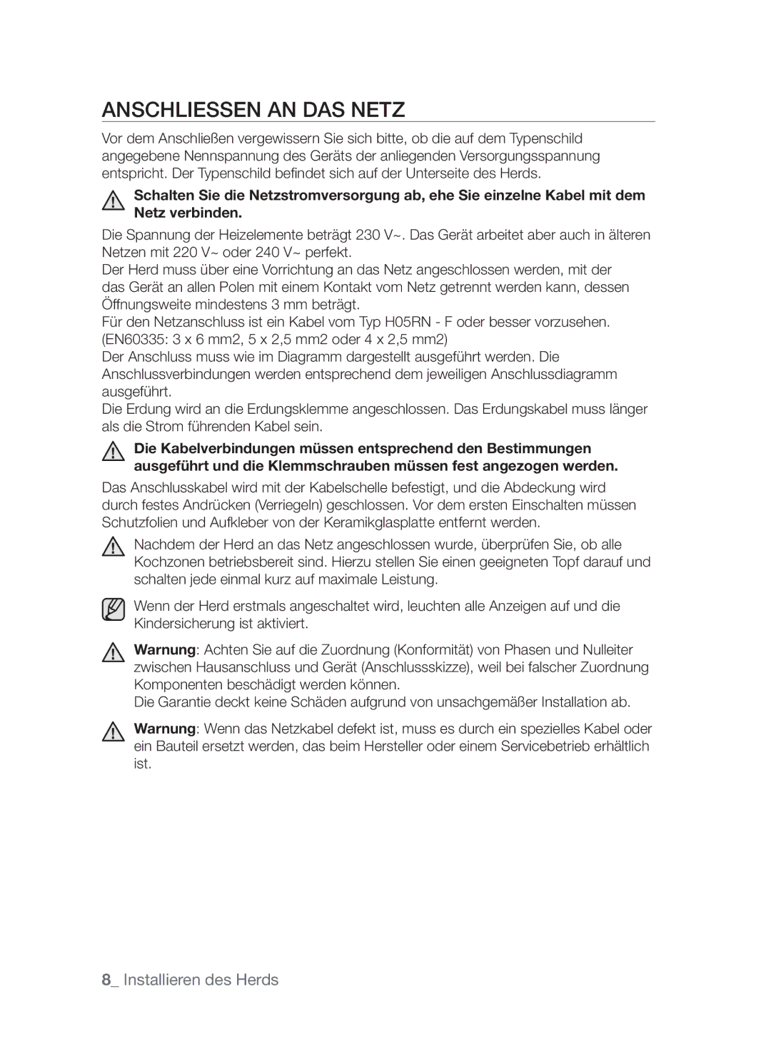 Samsung GF3C4T206/XEG manual AnschlieSSen an das Netz 