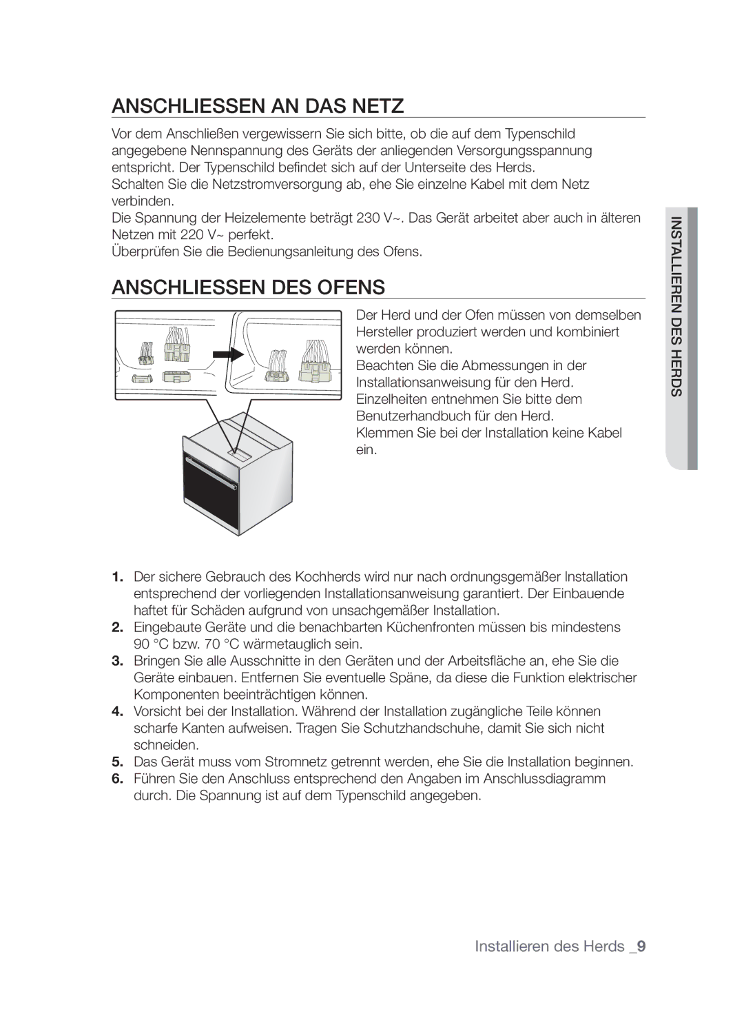 Samsung GF3C4T206/XEG manual AnschlieSSen des Ofens, Klemmen Sie bei der Installation keine Kabel ein 