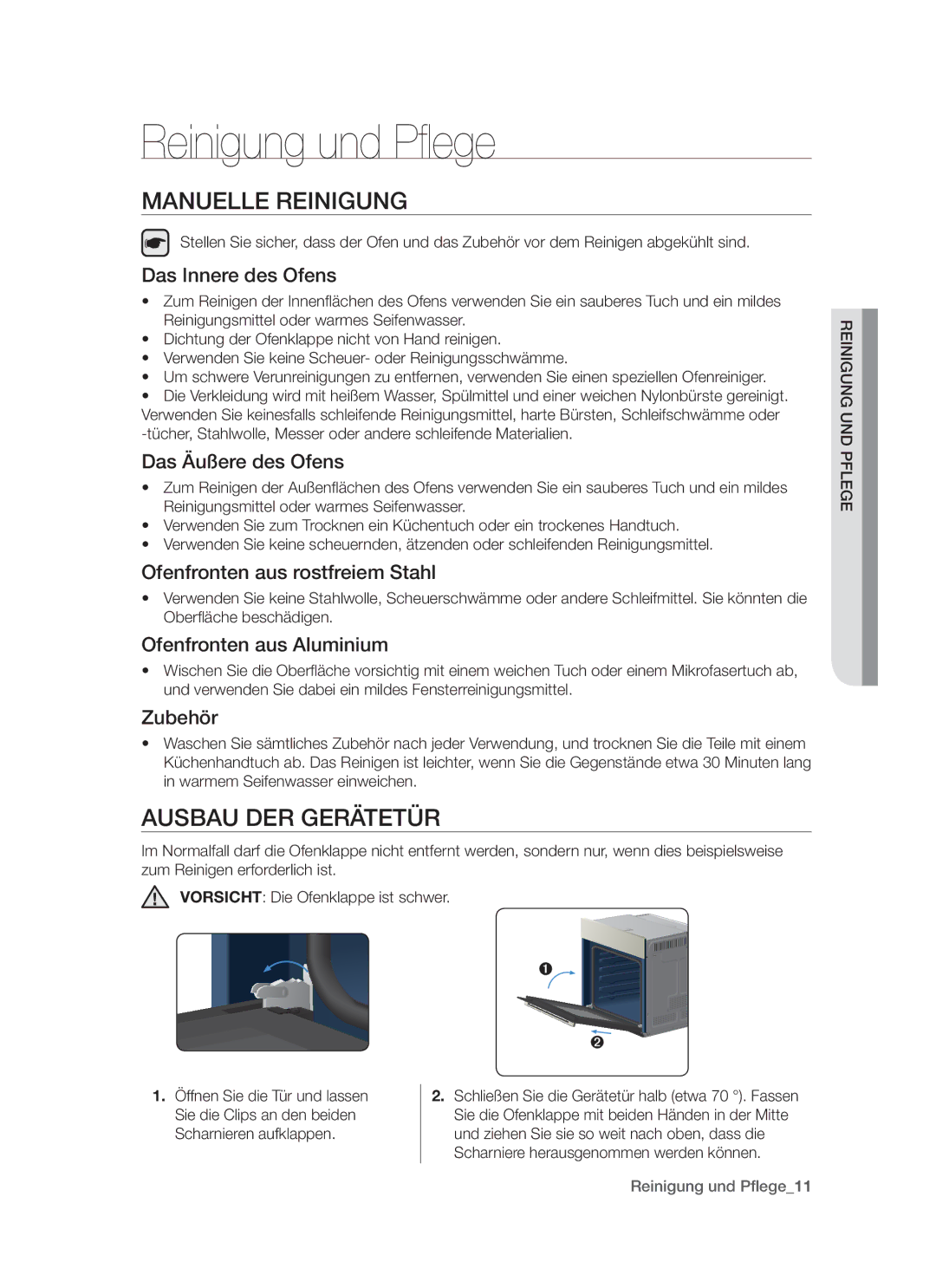 Samsung GF3N3T001/XEG manual Reinigung und Pflege, Manuelle Reinigung, Ausbau der Gerätetür 