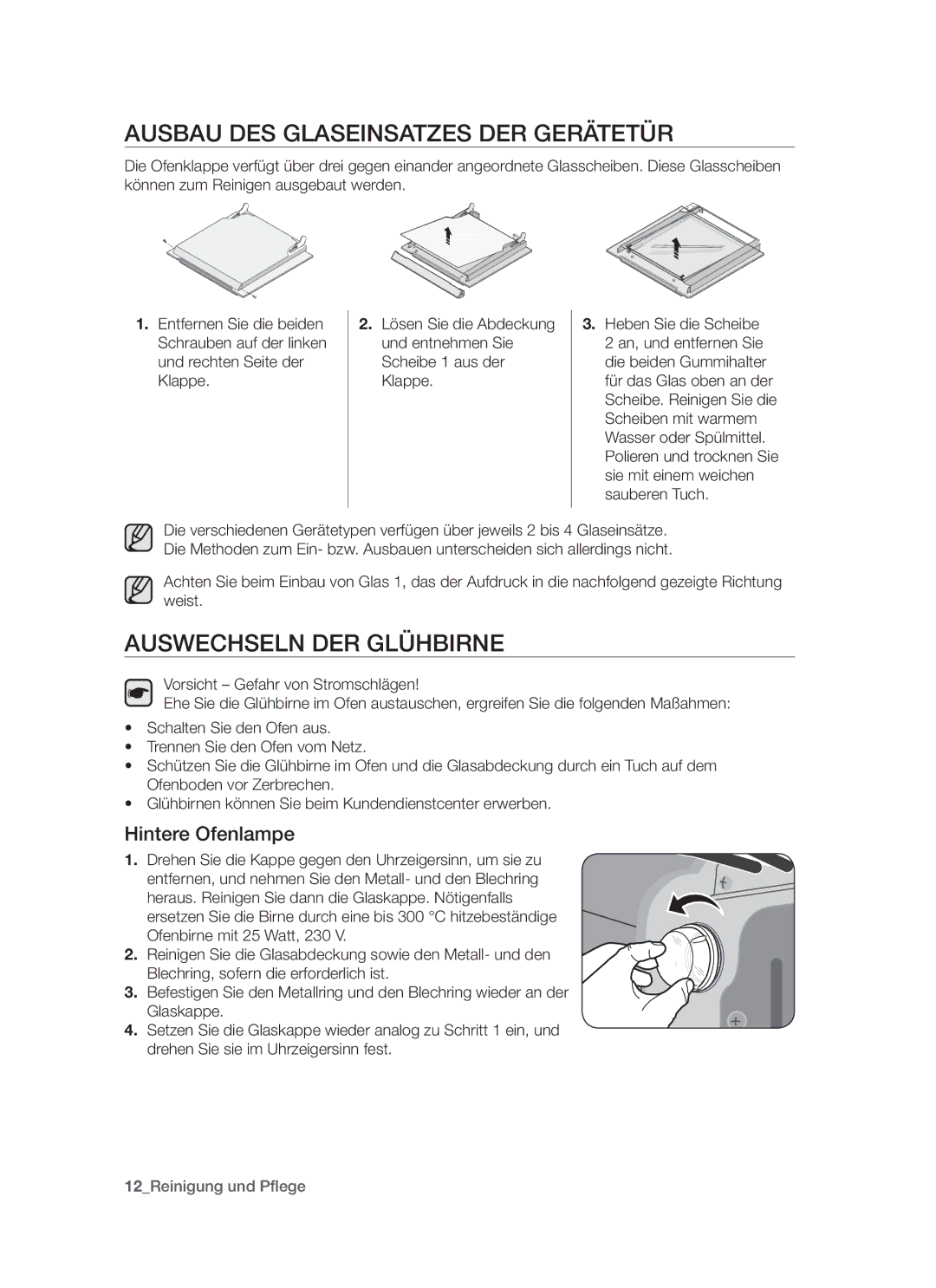 Samsung GF3N3T001/XEG manual Ausbau des Glaseinsatzes der Gerätetür, Auswechseln der Glühbirne, Hintere Ofenlampe 