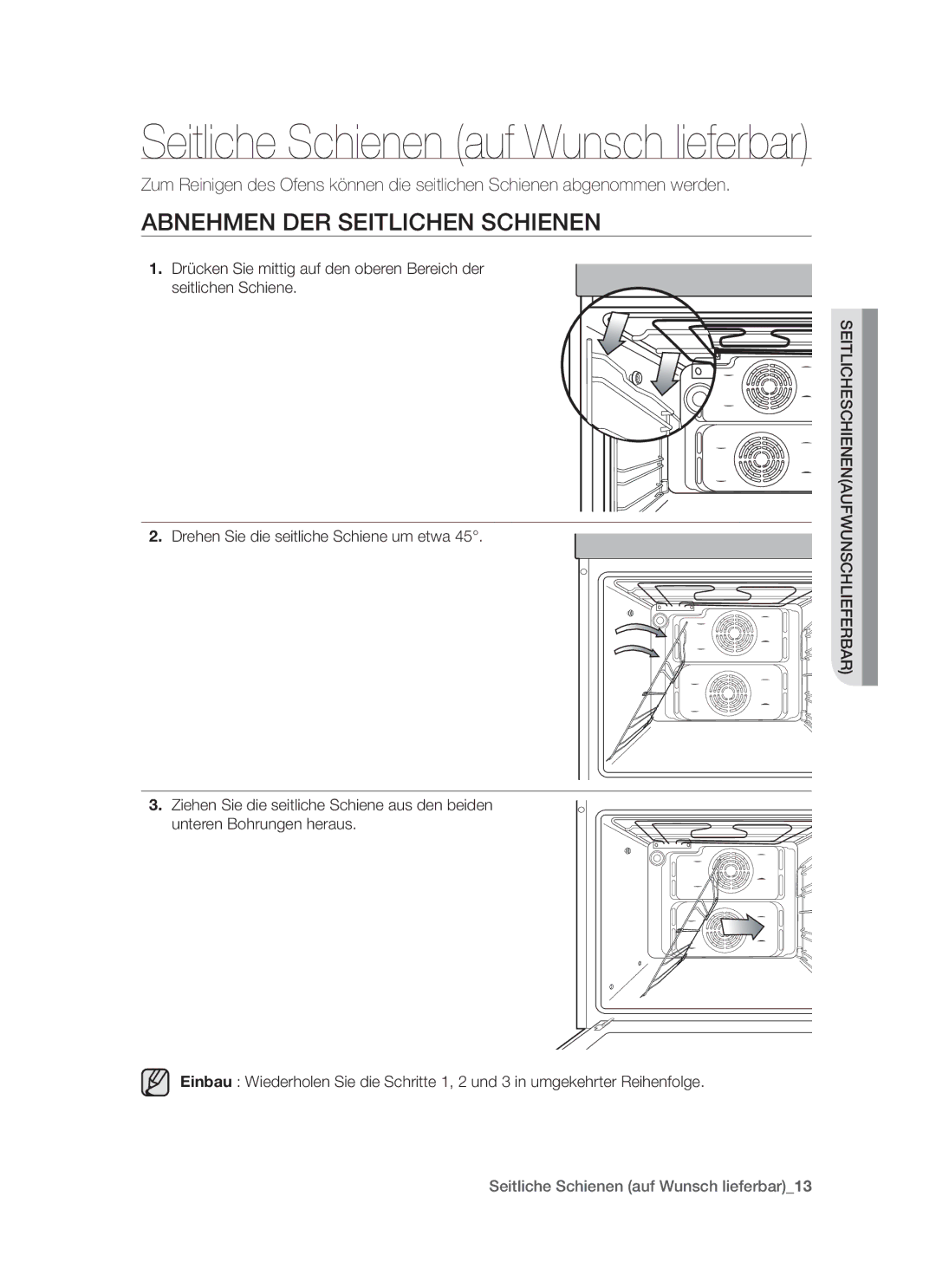 Samsung GF3N3T001/XEG manual Seitliche Schienen auf Wunsch lieferbar, Abnehmen der seitlichen Schienen 