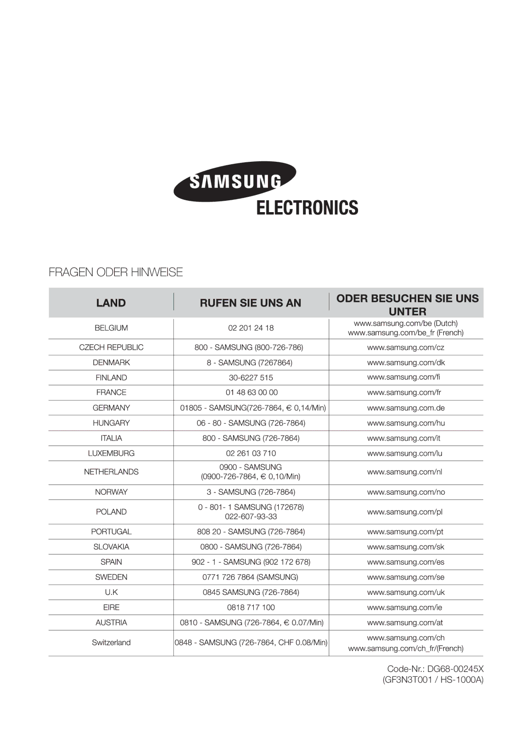 Samsung GF3N3T001/XEG manual Code-Nr. DG68-00245X GF3N3T001 / HS-1000A 