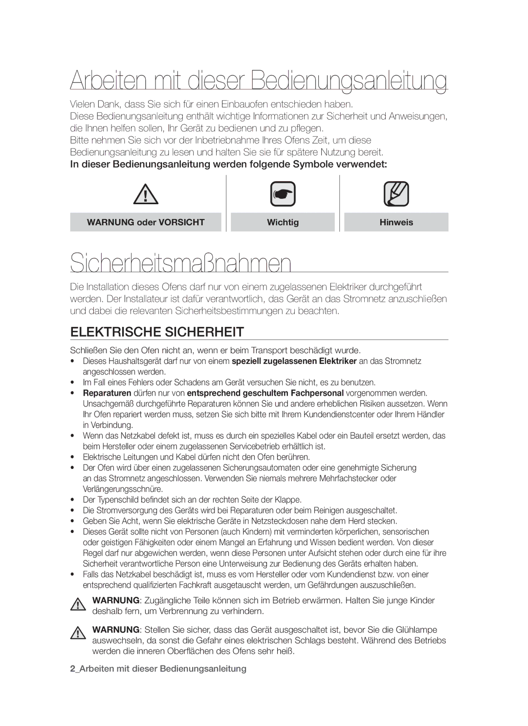 Samsung GF3N3T001/XEG manual Sicherheitsmaßnahmen, Elektrische Sicherheit, Warnung oder Vorsicht Wichtig Hinweis 