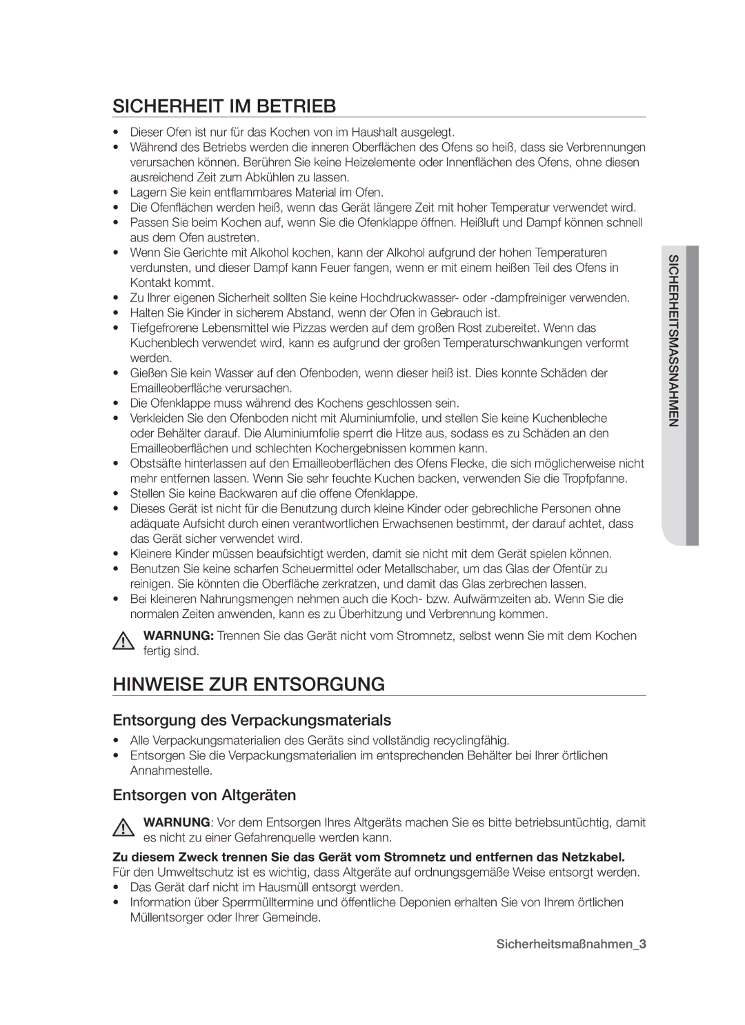 Samsung GF3N3T001/XEG manual Sicherheit im Betrieb, Hinweise zur Entsorgung, Entsorgung des Verpackungsmaterials 