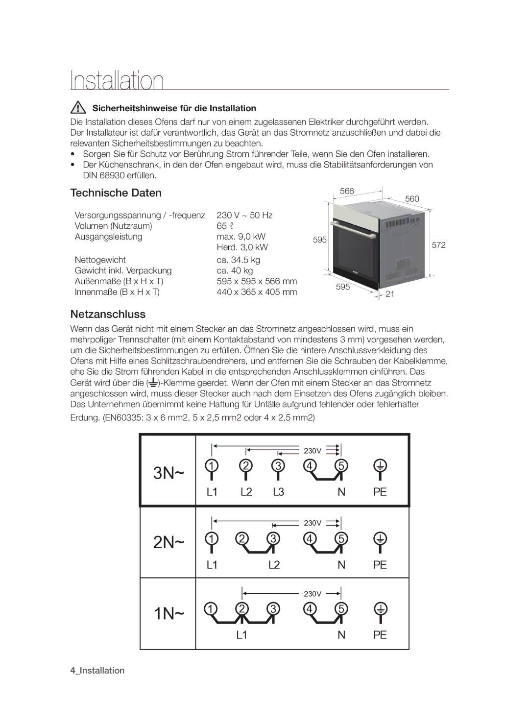 Samsung GF3N3T001/XEG manual Technische Daten, Netzanschluss, Sicherheitshinweise für die Installation 