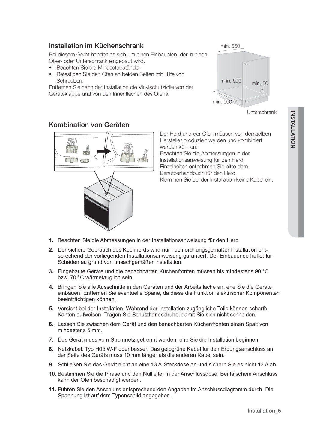 Samsung GF3N3T001/XEG manual Installation im Küchenschrank, Kombination von Geräten 