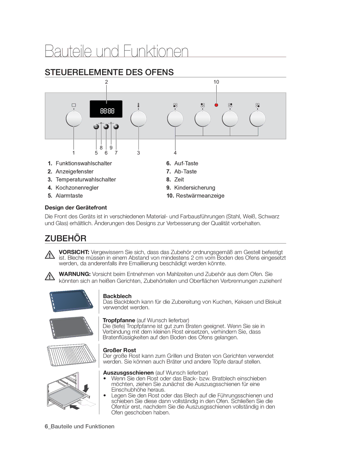 Samsung GF3N3T001/XEG manual Bauteile und Funktionen, Steuerelemente des Ofens, Zubehör 