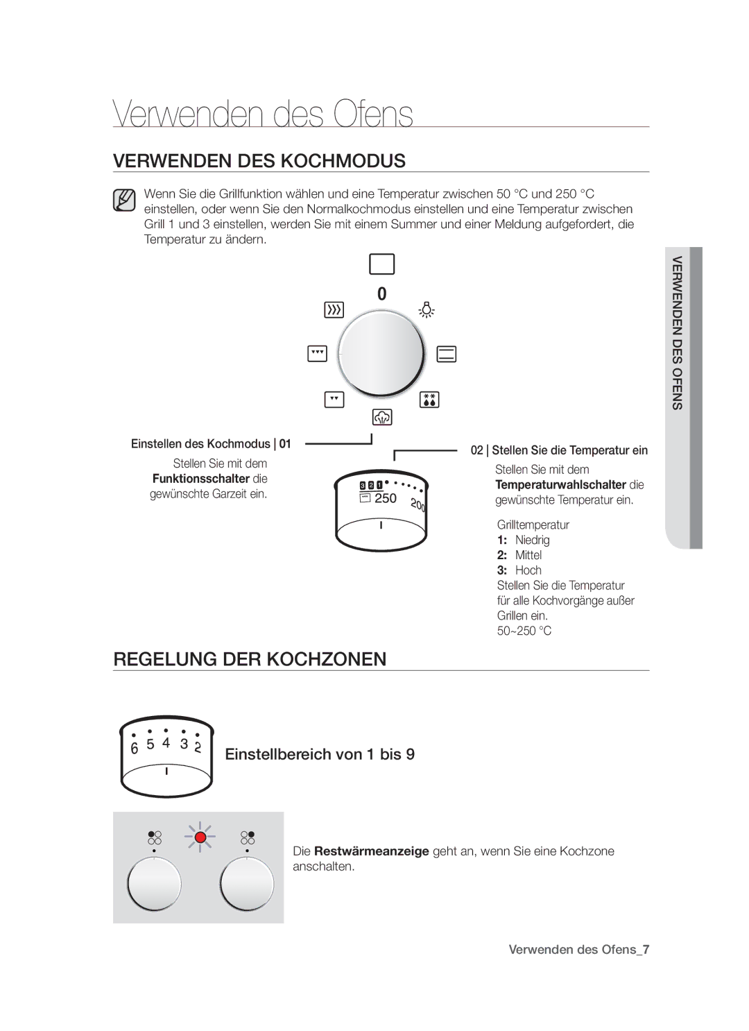 Samsung GF3N3T001/XEG Verwenden des Ofens, Verwenden des Kochmodus, Regelung der Kochzonen, Einstellbereich von 1 bis 