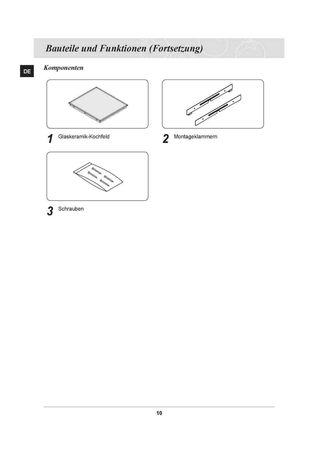 Samsung GF3N3T002/XEG manual Bauteile und Funktionen Fortsetzung, DE Komponenten 