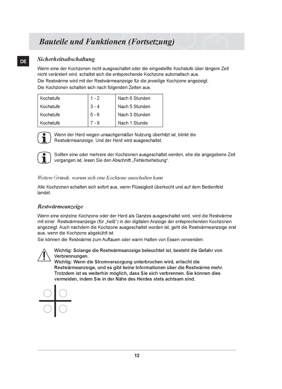 Samsung GF3N3T002/XEG manual DE Sicherheitsabschaltung, Restwärmeanzeige 