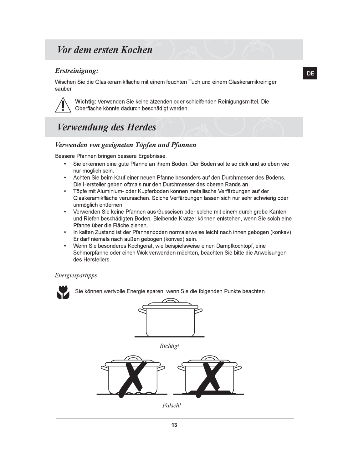 Samsung GF3N3T002/XEG Vor dem ersten Kochen, Erstreinigung, Verwenden von geeigneten Töpfen und Pfannen, Energiespartipps 