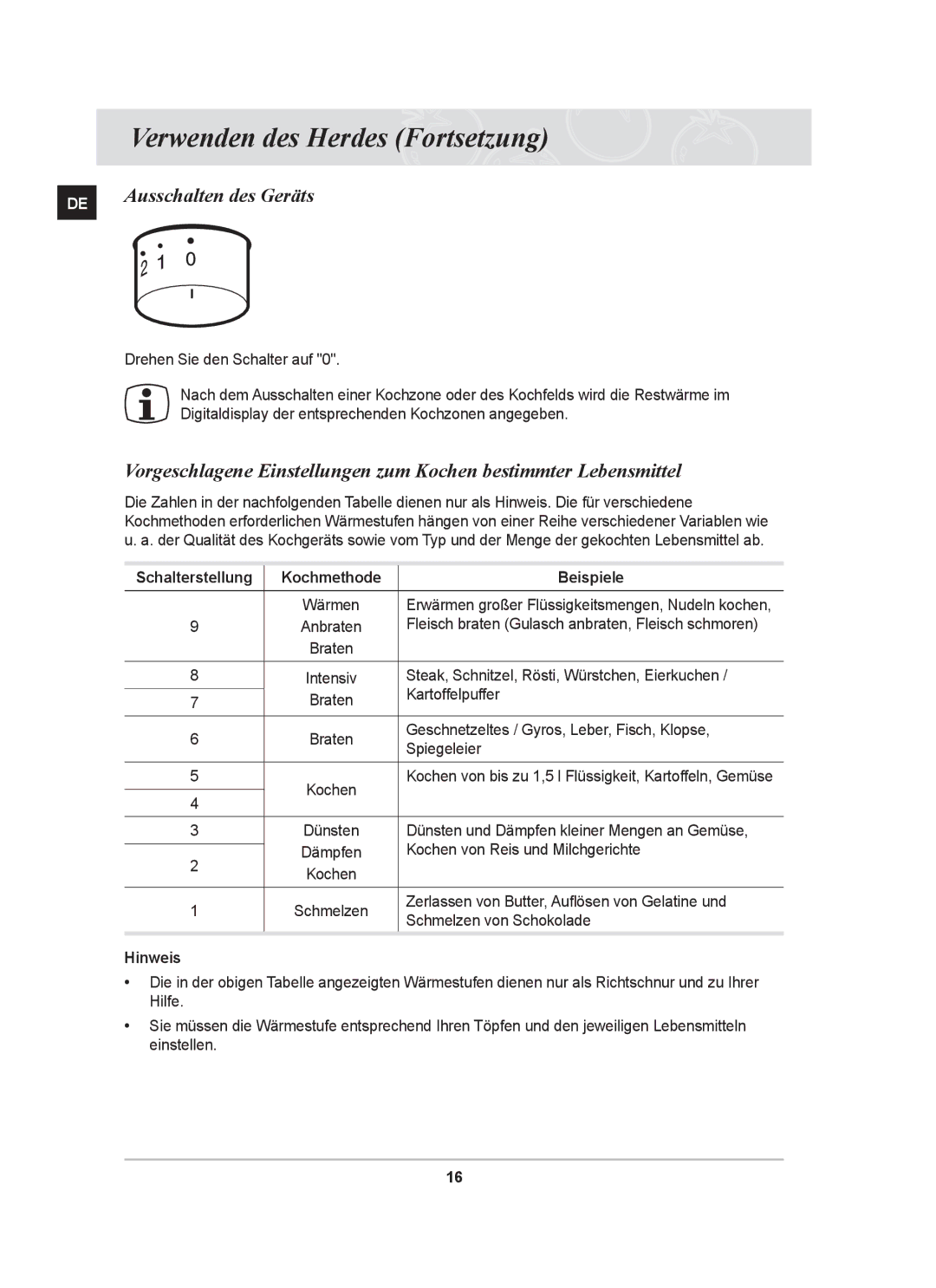 Samsung GF3N3T002/XEG manual Ausschalten des Geräts, Kochmethode Beispiele 