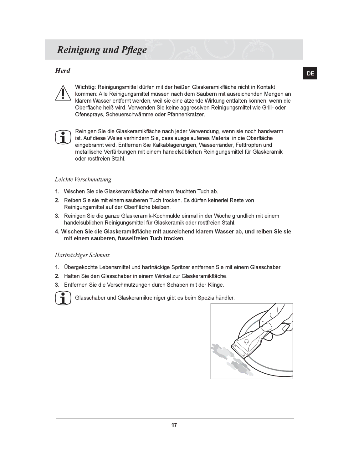 Samsung GF3N3T002/XEG manual Reinigung und Pflege, Herd, Leichte Verschmutzung, Hartnäckiger Schmutz 