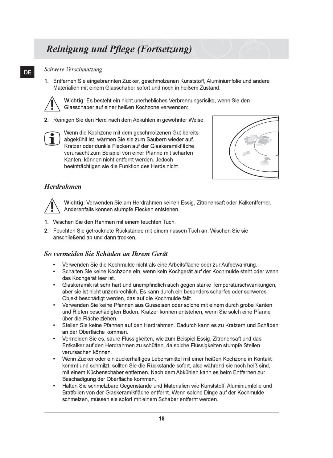 Samsung GF3N3T002/XEG manual Reinigung und Pflege Fortsetzung, Herdrahmen, So vermeiden Sie Schäden an Ihrem Gerät 