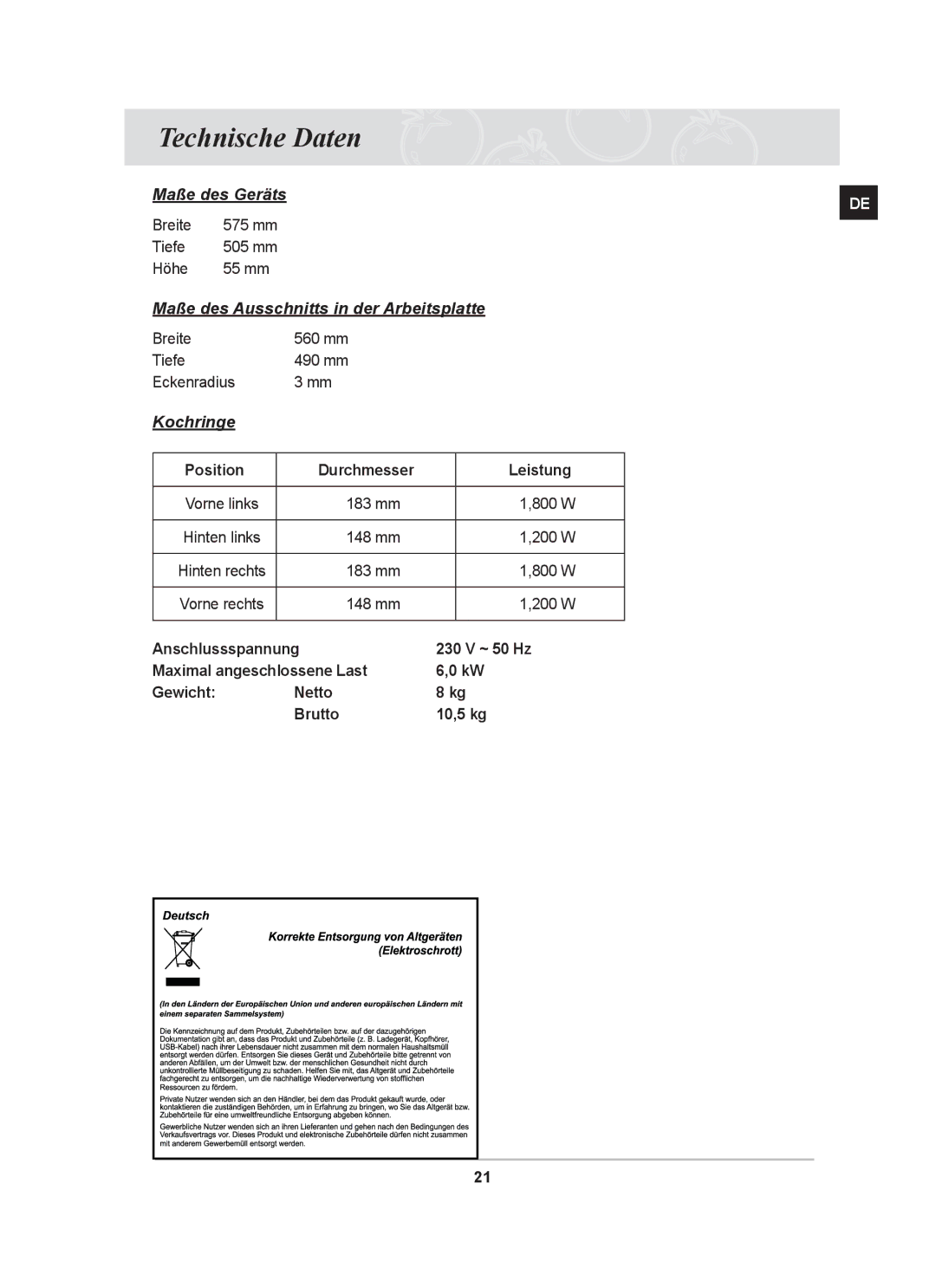 Samsung GF3N3T002/XEG manual Technische Daten, Kochringe 