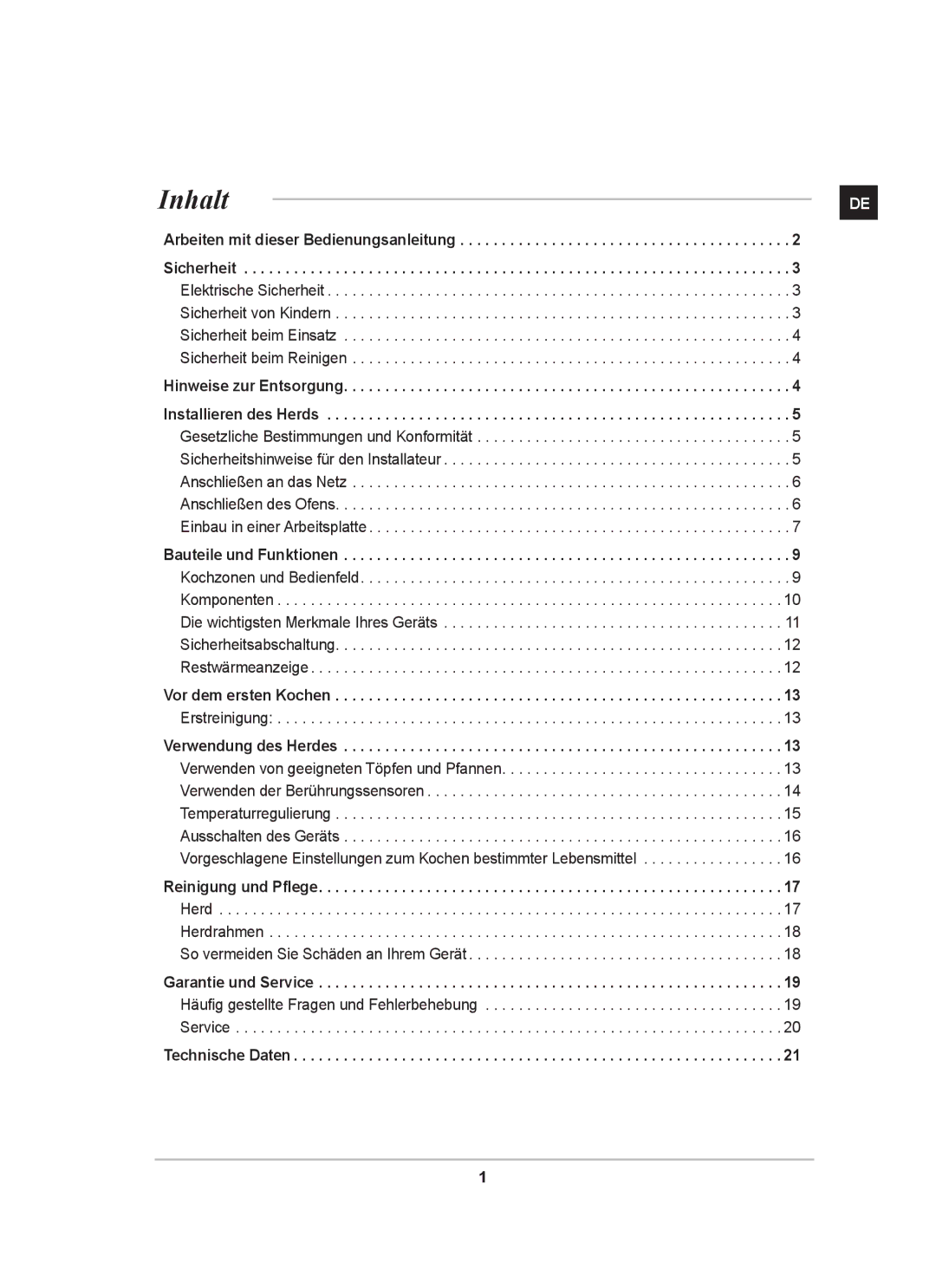 Samsung GF3N3T002/XEG manual Inhalt, Arbeiten mit dieser Bedienungsanleitung Sicherheit 