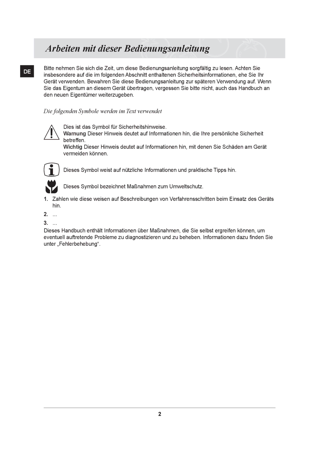 Samsung GF3N3T002/XEG manual Arbeiten mit dieser Bedienungsanleitung, Die folgenden Symbole werden im Text verwendet 