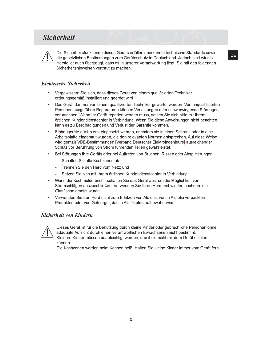 Samsung GF3N3T002/XEG manual Elektrische Sicherheit, Sicherheit von Kindern 