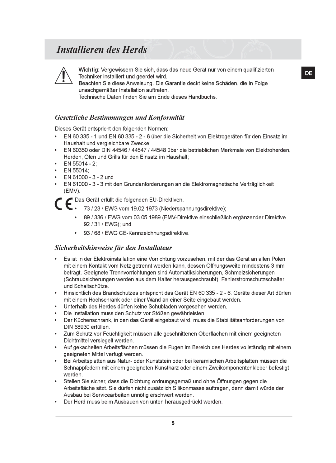 Samsung GF3N3T002/XEG manual Installieren des Herds, Gesetzliche Bestimmungen und Konformität 