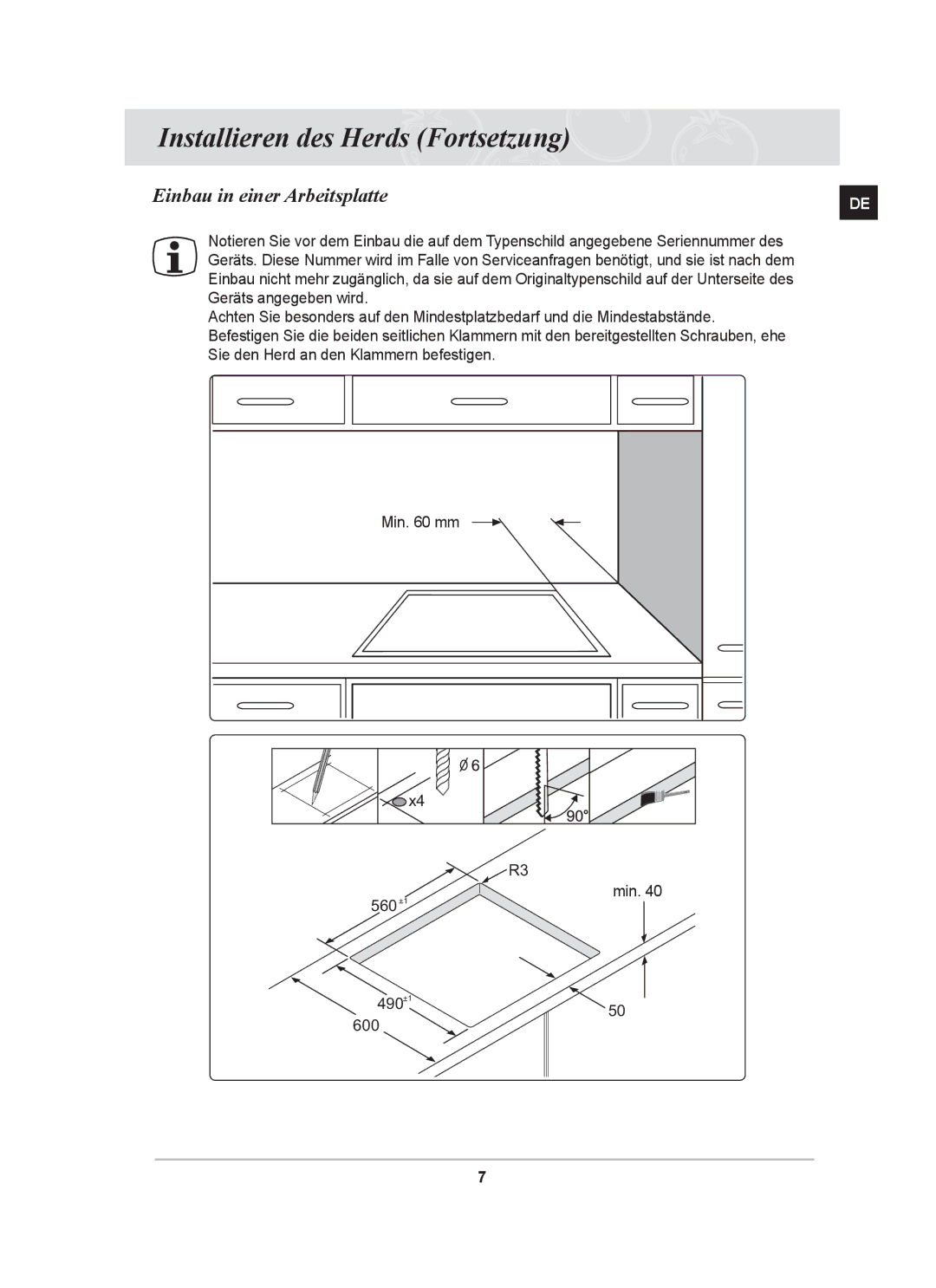 Samsung GF3N3T002/XEG manual Einbau in einer Arbeitsplatte 